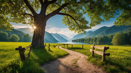 Beautiful summer landscape with a big tree and a road in the foregroundの写真素材