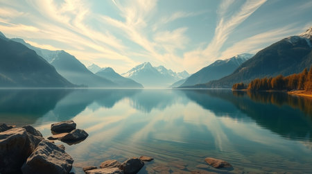 Mountain lake with reflection of mountains and clouds in the water.