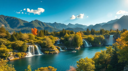 Autumn landscape with waterfall in Jiuzhaigou, China