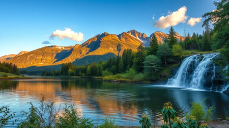 Mountain lake with a waterfall in the foreground. The concept of active and photo tourism