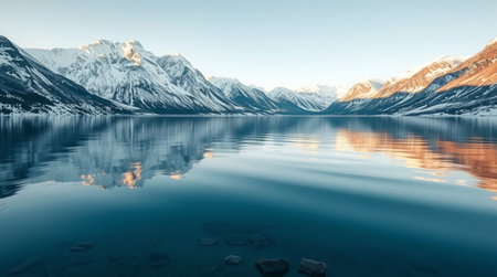 Panoramic view of a mountain range with a lake in the foregroundの写真素材
