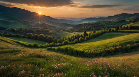 Panoramic view of beautiful sunset in the Carpathian mountainsの写真素材