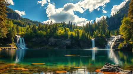 Fantastic panorama of the lake and waterfall in the mountainsの写真素材