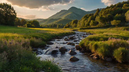 Panorama of the mountain river at sunset. Beautiful summer landscape.の写真素材
