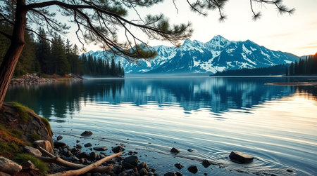 Beautiful mountain lake in Canadian Rockies at sunrise. Concept of active and photo tourismの写真素材