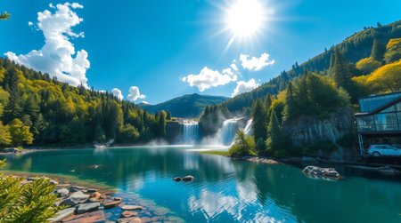 Waterfall in the mountains on a sunny day with blue sky.の写真素材