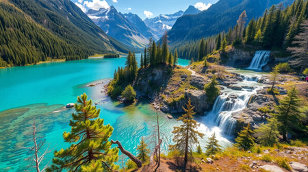 Panoramic view of the turquoise water of Lake Louise, Banff National Park, Alberta, Canadaの写真素材
