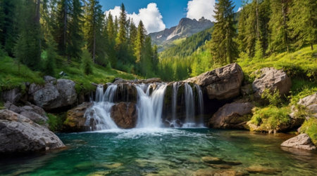 Panoramic view of a beautiful waterfall in Dolomites, Italyの写真素材
