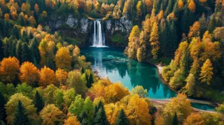 Autumn landscape with a waterfall and colorful forest. Aerial view.