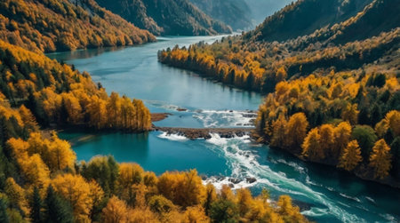 Aerial view of the Katun river in autumn, Altai Republic, Russiaの写真素材