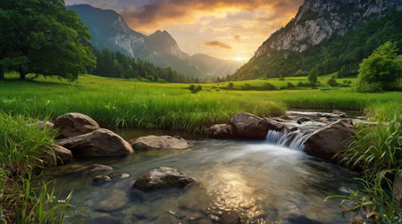 Mountain river in the mountains at sunset. Beautiful summer landscape.の写真素材