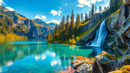 Beautiful alpine lake in the mountains. Picturesque mountain lake.