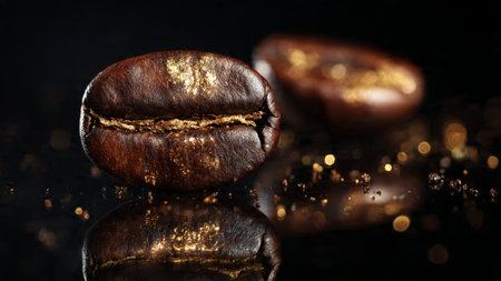 Coffee beans on a black background with a beautiful reflection.の写真素材