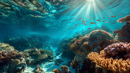 Underwater view of coral reef with fishes and rays of sun.の写真素材