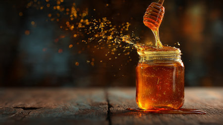 Honey dripping from a wooden dipper into a glass jar on a dark backgroundの写真素材