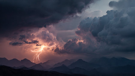 Dramatic stormy sky with lightning and dark clouds over mountainsの写真素材