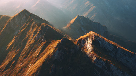 Beautiful mountain landscape. Sunrise in the mountains. View from above.