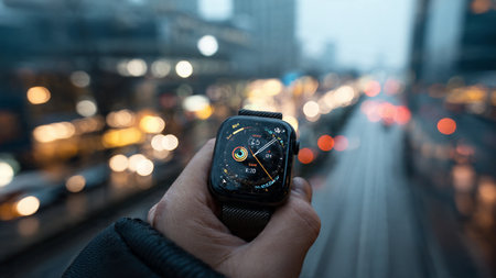 Smart watch in hand on blurred city street with light trails background.の写真素材