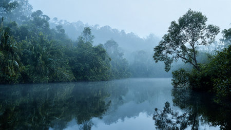 Landscape view of misty forest lake in the morning, natural backgroundの写真素材