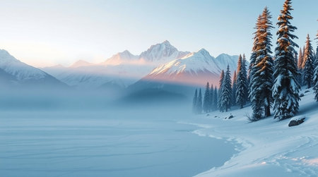 Beautiful winter landscape with snow-capped mountains and frozen lakeの写真素材