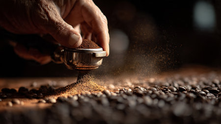 Coffee grinder with ground coffee and roasted coffee beans.の写真素材