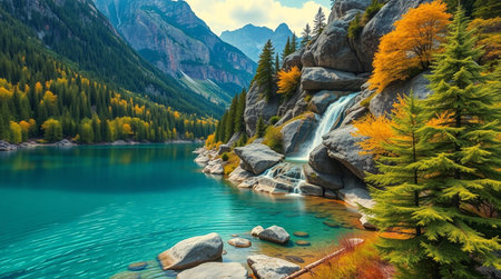 Beautiful autumn alpine lake with clear water and high mountains in backgroundの写真素材