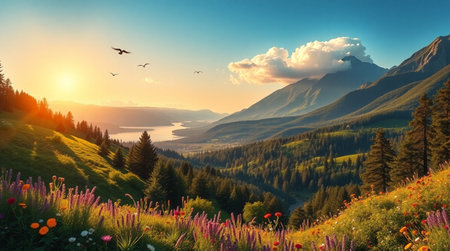 Beautiful summer landscape in the mountains. Sunrise in the mountains.