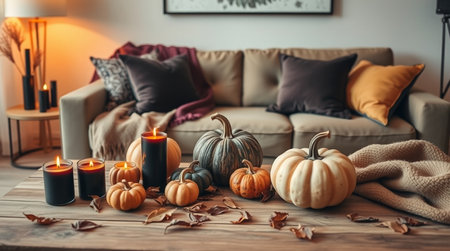 Autumn composition with pumpkins and candles on wooden table in living roomの写真素材