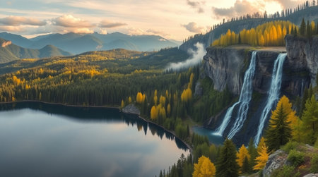 Autumn landscape with mountain lake and waterfall.