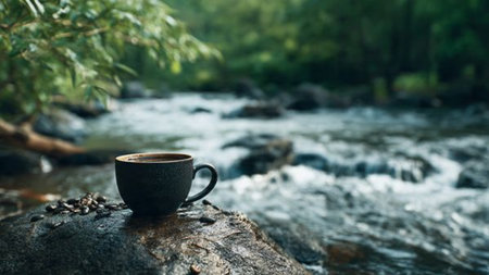 Coffee cup on the rock in the forest with nature backgroundの写真素材