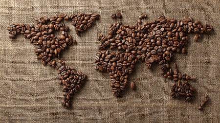 Coffee beans in shape of world map on sackcloth backgroundの写真素材