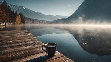 Cup of coffee on a wooden jetty on a lake, Austriaの写真素材