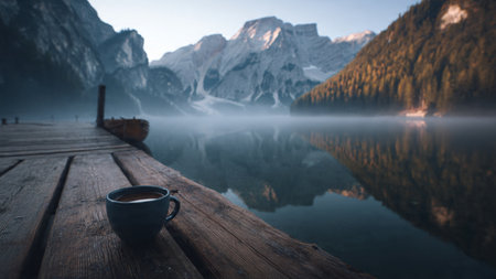 Cup of coffee on a wooden pier on lake braies in south tyrol