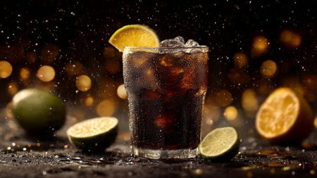 Cuba libre cocktail with cola, lime and ice on black background