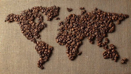 World map made of roasted coffee beans on burlap background, top view