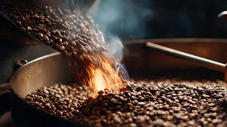 Roasted coffee beans being poured into a roasting pan on a black background