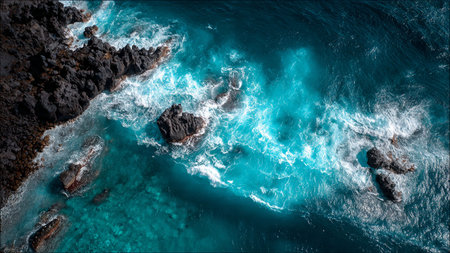Aerial view of the ocean waves breaking on the rocky coast of La Palma island, Canary Islands, Spain