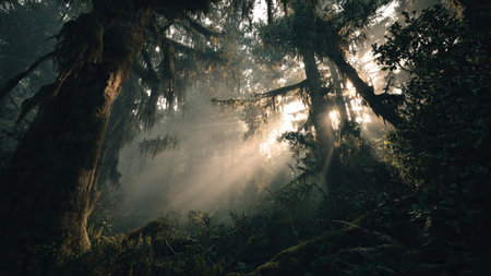 Mystical forest with fog and sunbeams in the morningの写真素材
