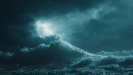 Stormy sea with stormy waves and lightning. 3D renderingの写真素材