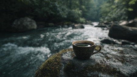 Coffee cup on the rock in the forest with river backgroundの写真素材