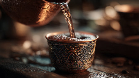 Pouring coffee into a copper cup on a wooden table, closeupの写真素材