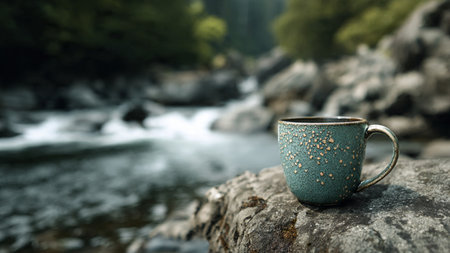 Cup of coffee on a rock in front of a mountain riverの写真素材