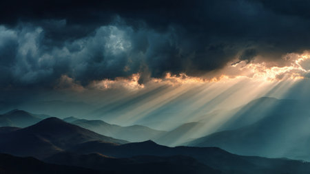 Mountain landscape with sunbeams and clouds. Dramatic sky.