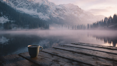 Cup of coffee on a wooden table in front of a mountain lakeの写真素材
