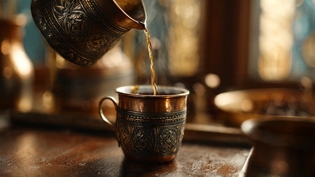Traditional turkish coffee in copper cup on wooden table, closeupの写真素材
