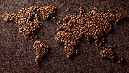 Coffee beans and map of the world on a brown backgroundの写真素材