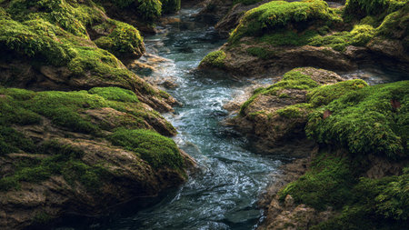 Mossy rocks in the stream. Green moss on the rocks.の写真素材