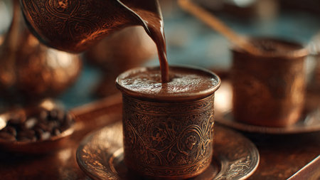 Turkish coffee in a copper cup on a wooden table. Selective focus.の写真素材