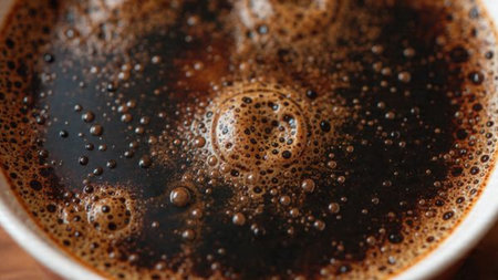 Coffee cup with foam on wooden table, close-upの写真素材
