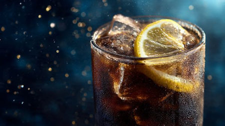 Cola with ice cubes and lemon on a dark blue background, close-up